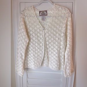 Tiara International Crochet cotton blend cardigan size M medium ivory